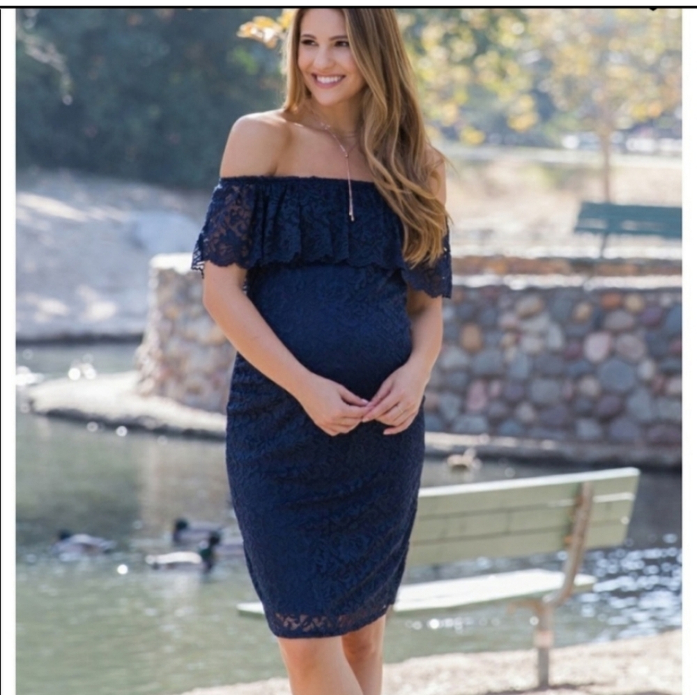 Pinkblush Blue Lace Maternity Off The Shoulder Dress Size M
